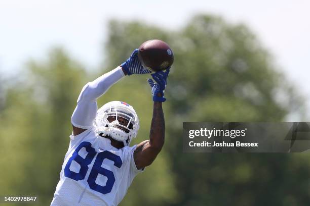 Tavon Austin of the Buffalo Bills makes a catch during Bills mini camp on June 14, 2022 in Orchard Park, New York.