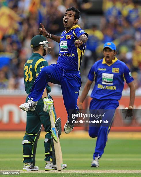 Nuwan Kulasekara of Sri Lanka celebrates after taking the wicket of Matthew Wade of Australia during the One Day International match between...