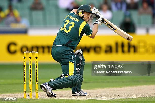 Shane Watson of Australia plays a shot during the One Day International match between Australia and Sri Lanka at Melbourne Cricket Ground on March 2,...