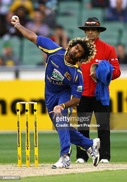 Lasith Malinga of Sri Lanka bowls during the One Day International match between Australia and Sri Lanka at Melbourne Cricket Ground on March 2, 2012...