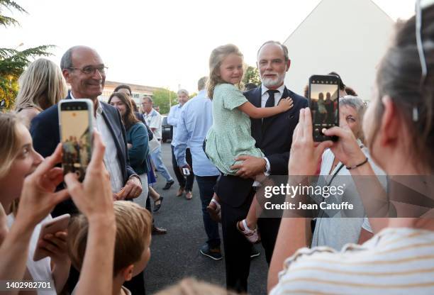 Eric Woerth, candidate for 'Ensemble !' for his reelection at the French Parliament, is supported by former Prime Minister Edouard Philippe during a...