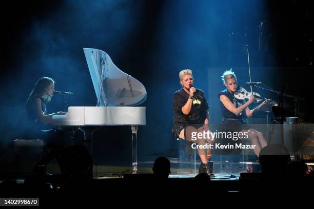Emily Strayer, Natalie Maines, and Martie Maguire of The Chicks perform onstage as The Chicks 2022 Tour kicks off at Hollywood Casino Amphitheater on...