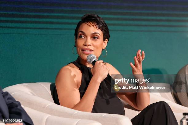 Rosario Dawson speaks onstage during the special screening and Q&A Event for Hulu's "DOPESICK" at El Capitan Theatre on June 14, 2022 in Los Angeles,...