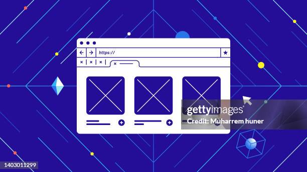 a browser on blue technology background. website template included. - web design stock illustrations