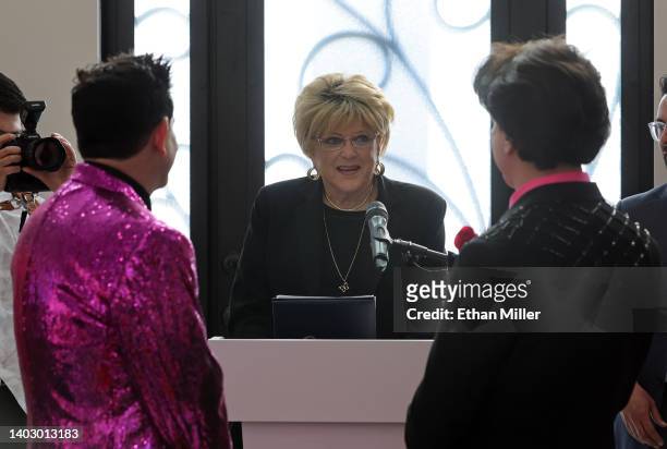 Las Vegas Mayor Carolyn Goodman officiates a commitment ceremony for SPI Entertainment Vice President and Chief Operating Officer Shannon "Alex"...