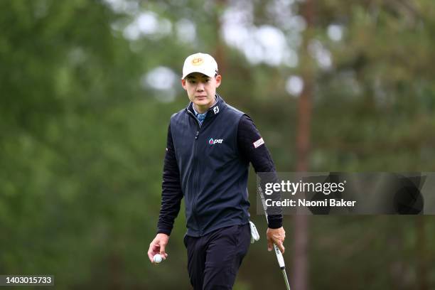 Jazz Janewattananond of Thailand looks on from the 18th green during Day One of the Volvo Car Scandinavian Mixed Hosted by Henrik & Annika at...