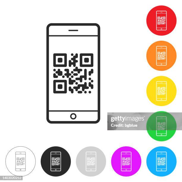 ilustraciones, imágenes clip art, dibujos animados e iconos de stock de smartphone con código qr. icono en botones coloridos - qr-code-scan-icon