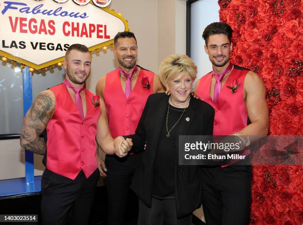 Las Vegas Mayor Carolyn Goodman poses with groomsmen and "Thunder From Down Under" cast members Francesco Antonino, Ryan Arbaugh and Liam Black after...