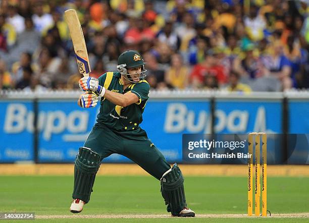 Michael Hussey of Australia cuts during the One Day International match between Australia and Sri Lanka at Melbourne Cricket Ground on March 2, 2012...