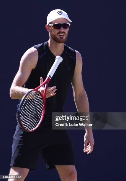 Jamie Murray of Great Britain practices prior to day three of the cinch Championships at The Queen's Club on June 15, 2022 in London, England.