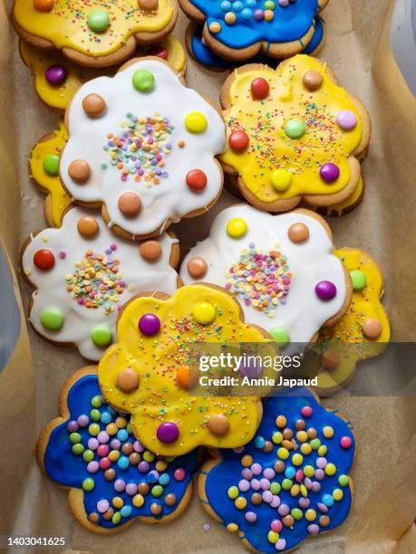 colourful cookies in the shape of flowers decorated with smarties, direct view from above - biscuit au sucre photos et images de collection