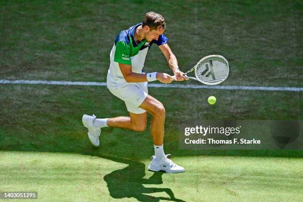 Daniil Medvedev of Russia plays a backhand in his match against David Goffin of Belgium during day five of the 29th Terra Wortmann Open at OWL-Arena...