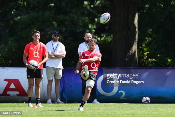 Danny Care of England kicks the ball during the England Training Session at Pennyhill Park on June 15, 2022 in Bagshot, England.