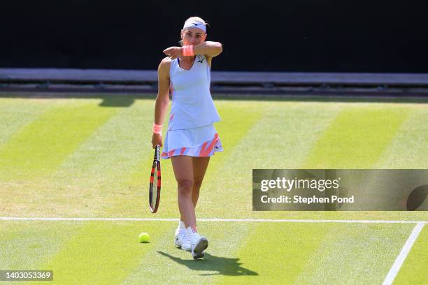Aleksandra Krunic of Serbia reacts against Sorana Cirstea of Romania during the second round match on Day Five of the Rothesay Classic Birmingham at...