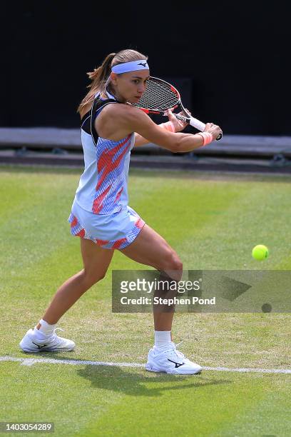 Aleksandra Krunic of Serbia plays a backhand against Sorana Cirstea of Romania during the second round match on Day Five of the Rothesay Classic...