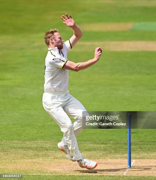 Liam Norwell of Warwickshire bowls during day four of the LV= Insurance County Championship match between Warwickshire and Lancashire at Edgbaston on...