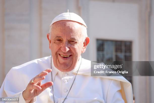 Pope Francis waves to the faithful as he arrives in St. Peter's Square for his general weekly audience on June 15, 2022 in Vatican City, Vatican. The...