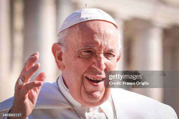 Pope Francis waves to the faithful as he arrives in St. Peter's Square for his general weekly audience on June 15, 2022 in Vatican City, Vatican. The...