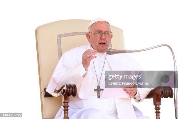 Pope Francis holds his homily in St. Peter's Square during his general weekly audience on June 15, 2022 in Vatican City, Vatican. The Holy Father...