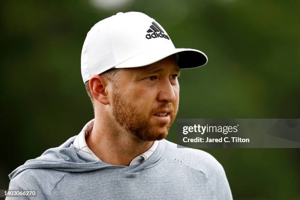 Daniel Berger of the United States looks on from the sixth green during a practice round prior to the US Open at The Country Club on June 15, 2022 in...