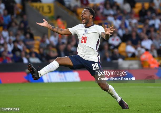 Raheem Sterling of England reacts during the UEFA Nations League League A Group 3 match between England and Hungary at Molineux on June 14, 2022 in...