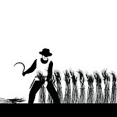A black silhouette of a Jewish man harvesting sheaves of wheat in a field. Pruned grains are laid.
Vector on a white background.