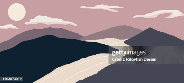 abstract contemporary aesthetic landscape backgrounds with mountains, sun, moon, cloud sky and sea water design vector - sun moon cloud stock illustrations