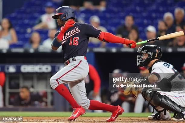 Victor Robles of the Washington Nationals at bat against the Miami Marlins at loanDepot park on June 09, 2022 in Miami, Florida.