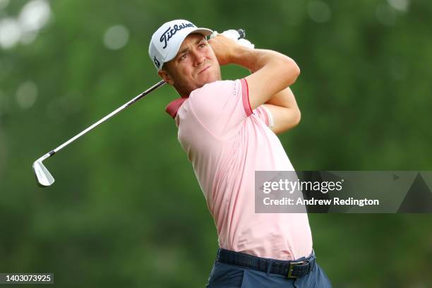 Justin Thomas of the United States plays a second shot on the 12th hole during a practice round prior to the 122nd U.S. Open Championship at The...