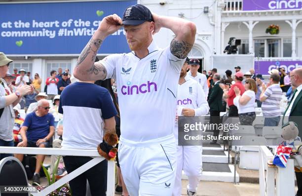 England captain Ben Stokes adjusts his cap as he takes the field before day five of the Second Test Match between England and New Zealand at Trent...