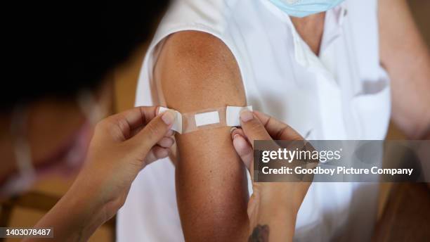 nurse putting a bandage on the arm of a senior woman after vaccination - medical dressing stock pictures, royalty-free photos & images