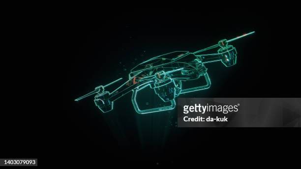 quadcopter drone projection hologram on black background - multicopter stock pictures, royalty-free photos & images
