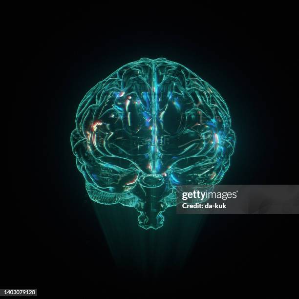 human brain hologram on black background - hologram projection stock pictures, royalty-free photos & images