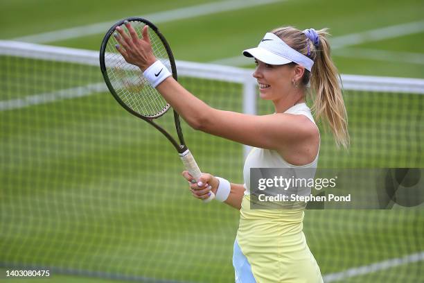 Katie Boulter of Great Britain celebrates match point against Caroline Garcia of France during the second round match on Day Five of the Rothesay...