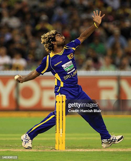 Lasith Malinga of Sri Lanka in action during the One Day International match between Australia and Sri Lanka at Melbourne Cricket Ground on March 2,...