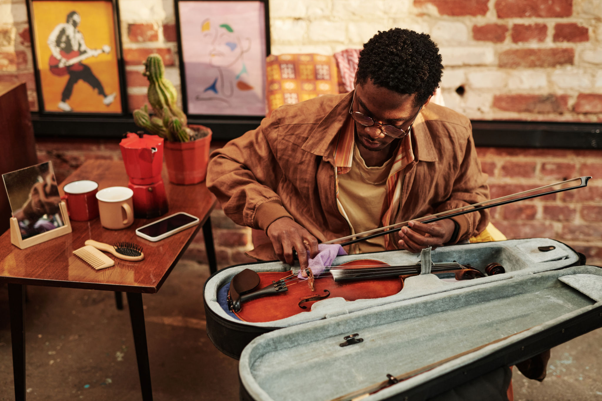 musician packing instrument