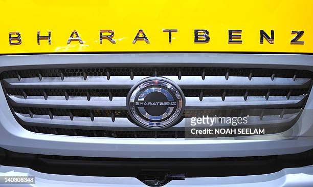 The logo of a Bharat Benz truck is seen at a Daimler India Commercial Vehicles Private Limited launch press conference in Hyderabad on March 2, 2012....