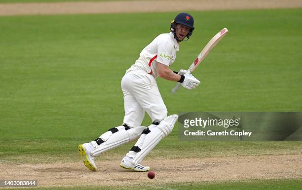Luke Wells of Lancashire bats during the LV= Insurance County Championship match between Warwickshire and Lancashire at Edgbaston on June 15, 2022 in...