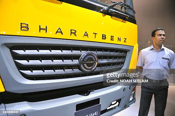 An Indian executive from Daimler India Commercial Vehicles Private Limited poses at a press conference for the national launch of Bharat Benz Trucks...