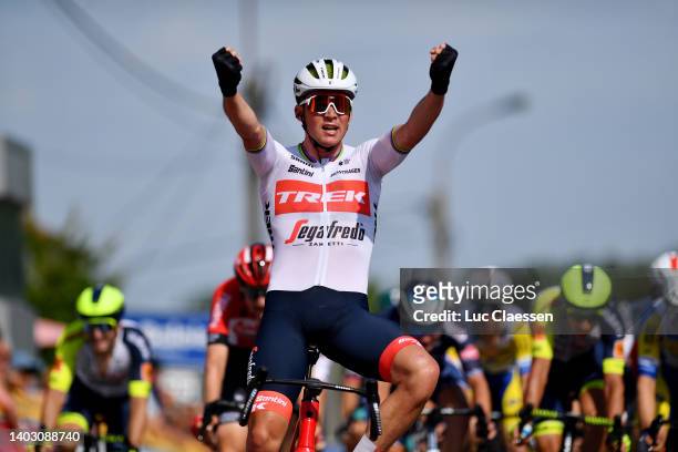 Mads Pedersen of Denmark and Team Trek - Segafredo celebrates winning during the 91st Baloise Belgium Tour 2022, Stage 1 a 165km stage from Merelbeke...