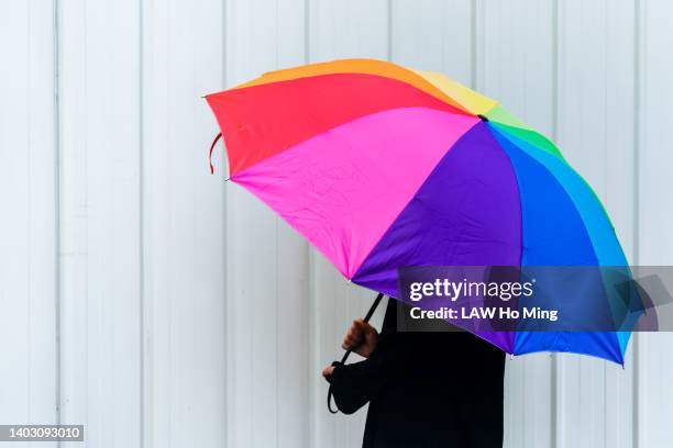 a woman with a colorful umbrella - chapéu roxo imagens e fotografias de stock