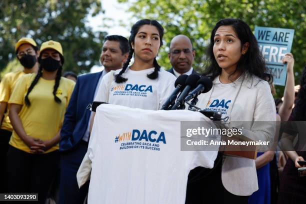 Indira Islas, an activist with Dreamer & TheDream.US speaks at a news conference to mark the 10th anniversary of the "Deferred Action for Childhood...