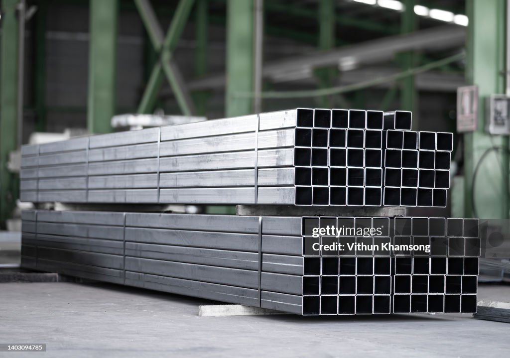 Stack of carbon steel square tube at manufacturer factory
