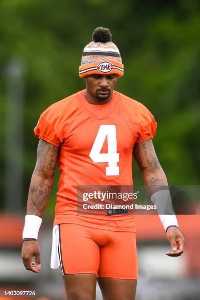 Deshaun Watson of the Cleveland Browns looks on during the Cleveland Browns mandatory minicamp at CrossCountry Mortgage Campus on June 14, 2022 in...