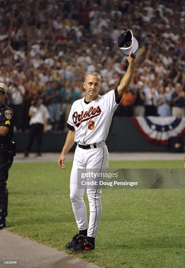 Cal Ripken Which Team Shortstop Cal Ripken of the Baltimore Orioles raises hat to crowd at ...