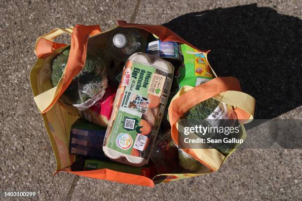 The items purchased by a shopper who lamented that groceries have recently become more expensive lie in his shopping bag outside a discount...