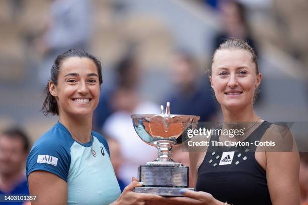 Caroline Garcia and Kristina Mladenovic of France with the winners trophy after their victory against Coco Gauff and Jessica Pegula of the United...