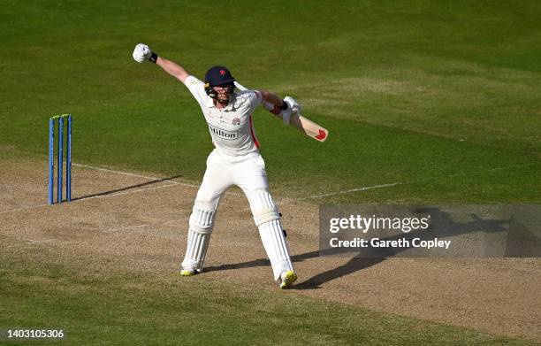 Luke Wells of Lancashire celebrates hitting the winning runs during the LV= Insurance County Championship match between Warwickshire and Lancashire...