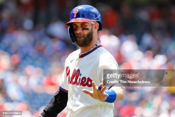 Bryce Harper of the Philadelphia Phillies waves during the first inning against the Miami Marlins at Citizens Bank Park on June 15, 2022 in...