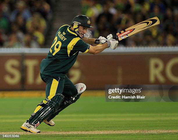 David Hussey of Australia cuts during the One Day International match between Australia and Sri Lanka at Melbourne Cricket Ground on March 2, 2012 in...